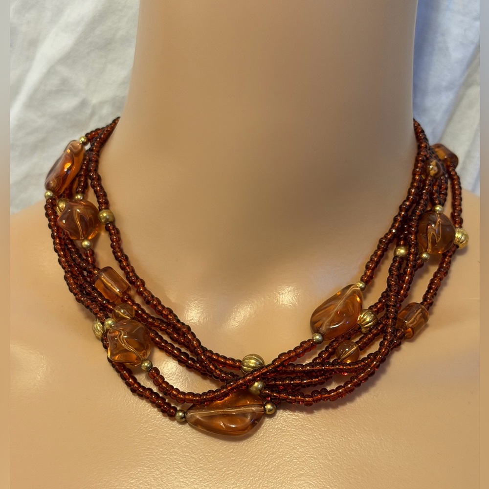 Multi-Strand Amber Bead Necklace - Brown/Gold